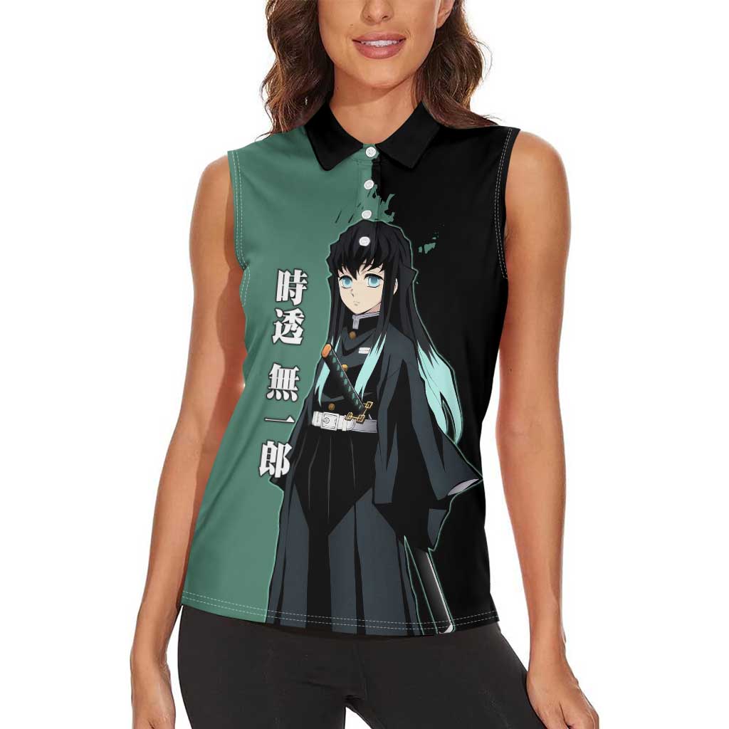 Muichiro Tokito from Demon Slayer Women Sleeveless Polo Shirt with Green and Black Mist Background and Dual Character Manga Style Design - The Mazicc