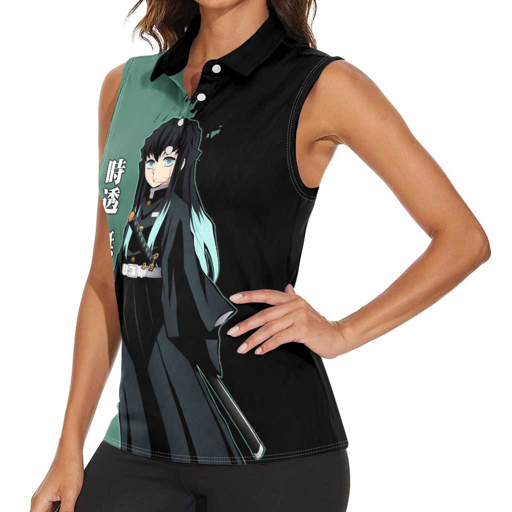 Muichiro Tokito from Demon Slayer Women Sleeveless Polo Shirt with Green and Black Mist Background and Dual Character Manga Style Design - The Mazicc