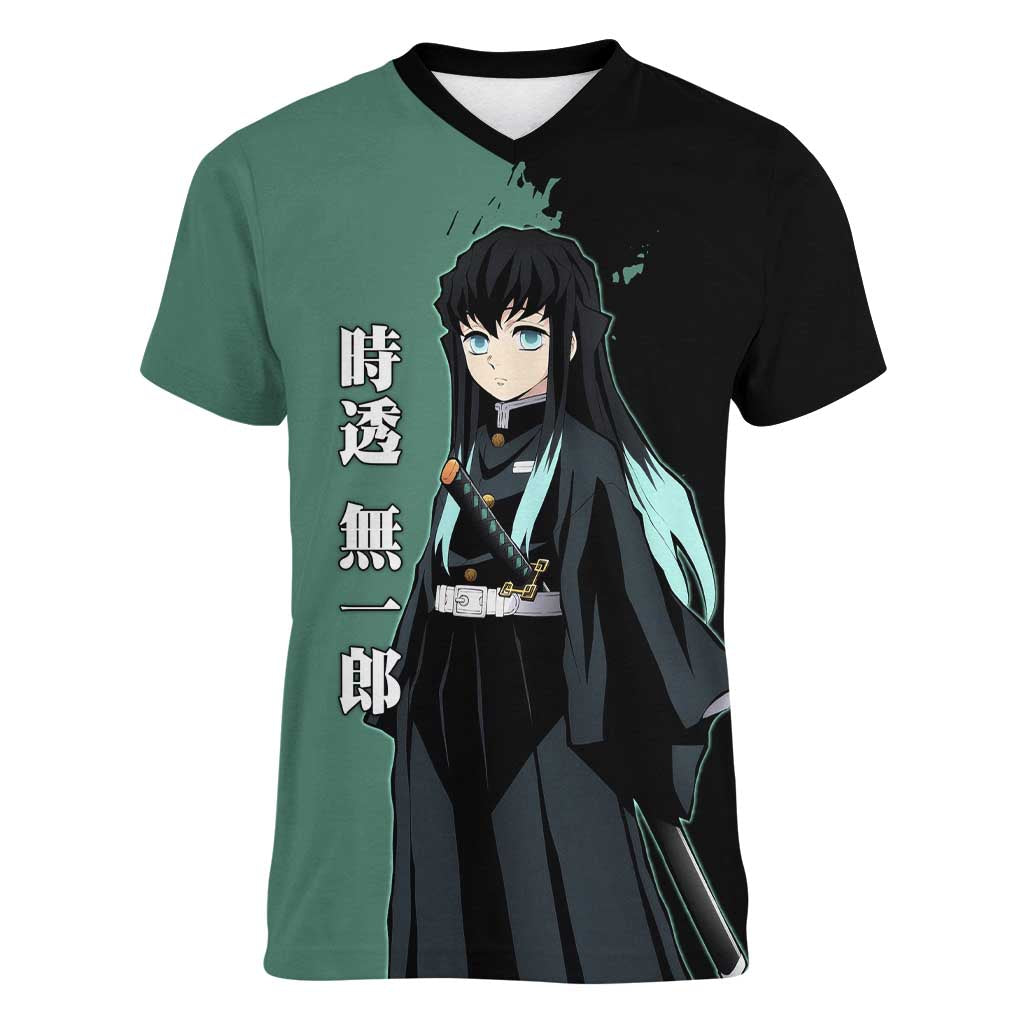 Muichiro Tokito from Demon Slayer Women V-Neck T-Shirt with Green and Black Mist Background and Dual Character Manga Style Design - The Mazicc