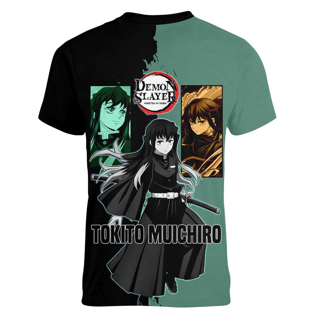 Muichiro Tokito from Demon Slayer Women V-Neck T-Shirt with Green and Black Mist Background and Dual Character Manga Style Design - The Mazicc