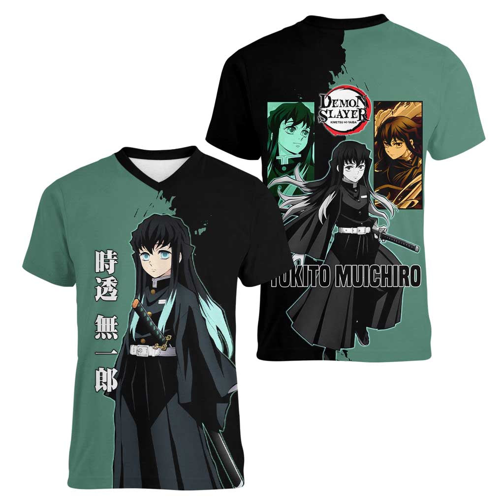 Muichiro Tokito from Demon Slayer Women V-Neck T-Shirt with Green and Black Mist Background and Dual Character Manga Style Design - The Mazicc