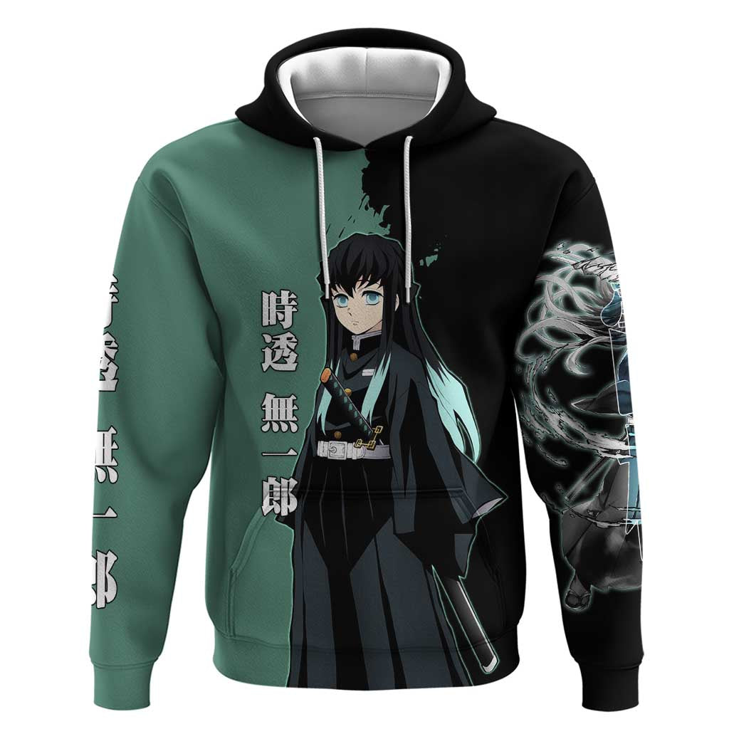 Muichiro Tokito from Demon Slayer Zip Hoodie with Green and Black Mist Background and Dual Character Manga Style Design - The Mazicc
