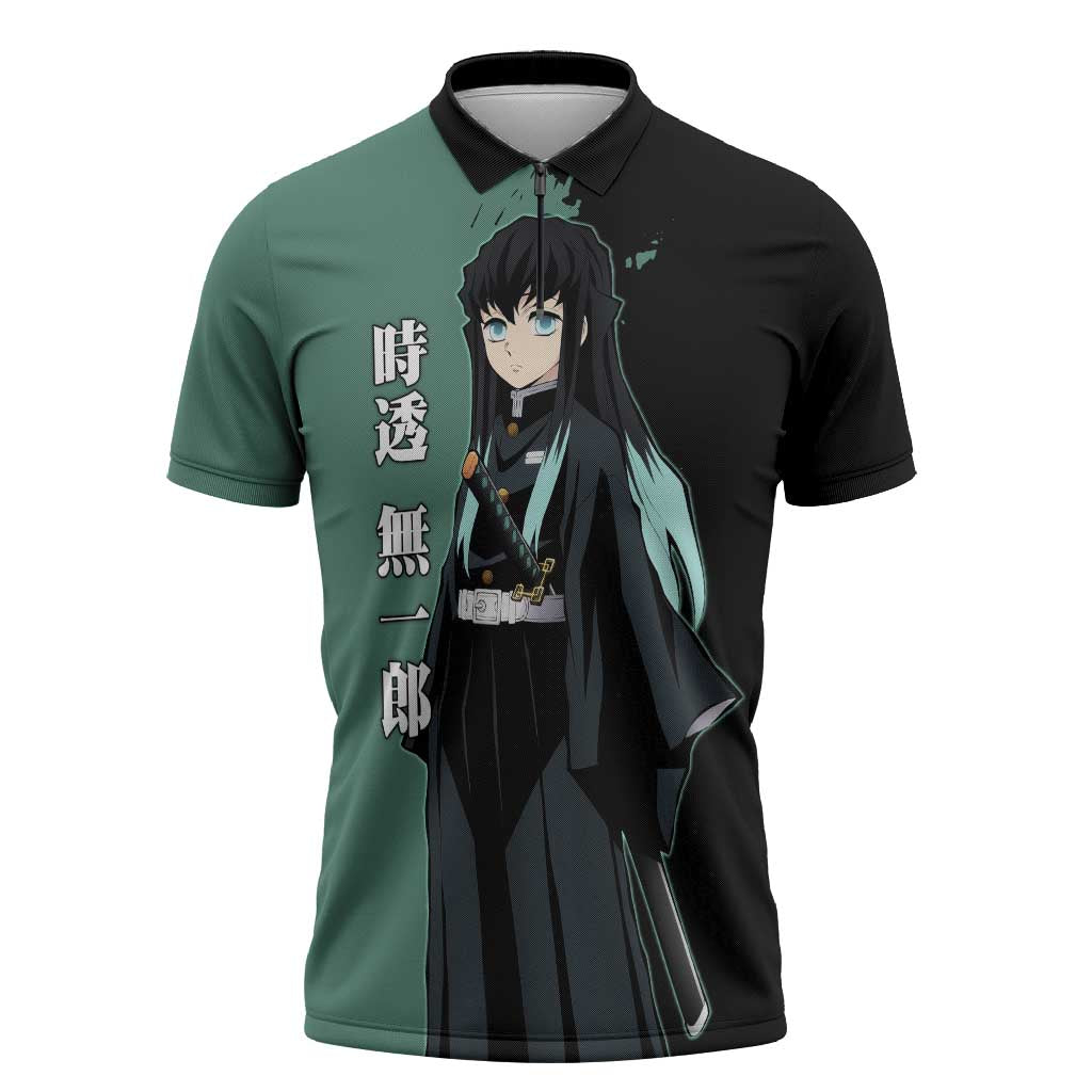 Muichiro Tokito from Demon Slayer Zipper Polo Shirt with Green and Black Mist Background and Dual Character Manga Style Design - The Mazicc