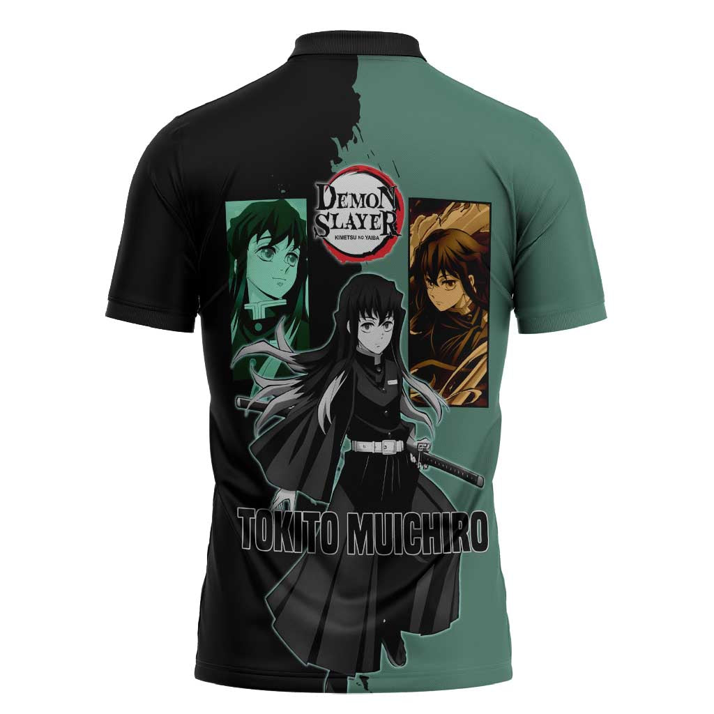 Muichiro Tokito from Demon Slayer Zipper Polo Shirt with Green and Black Mist Background and Dual Character Manga Style Design - The Mazicc