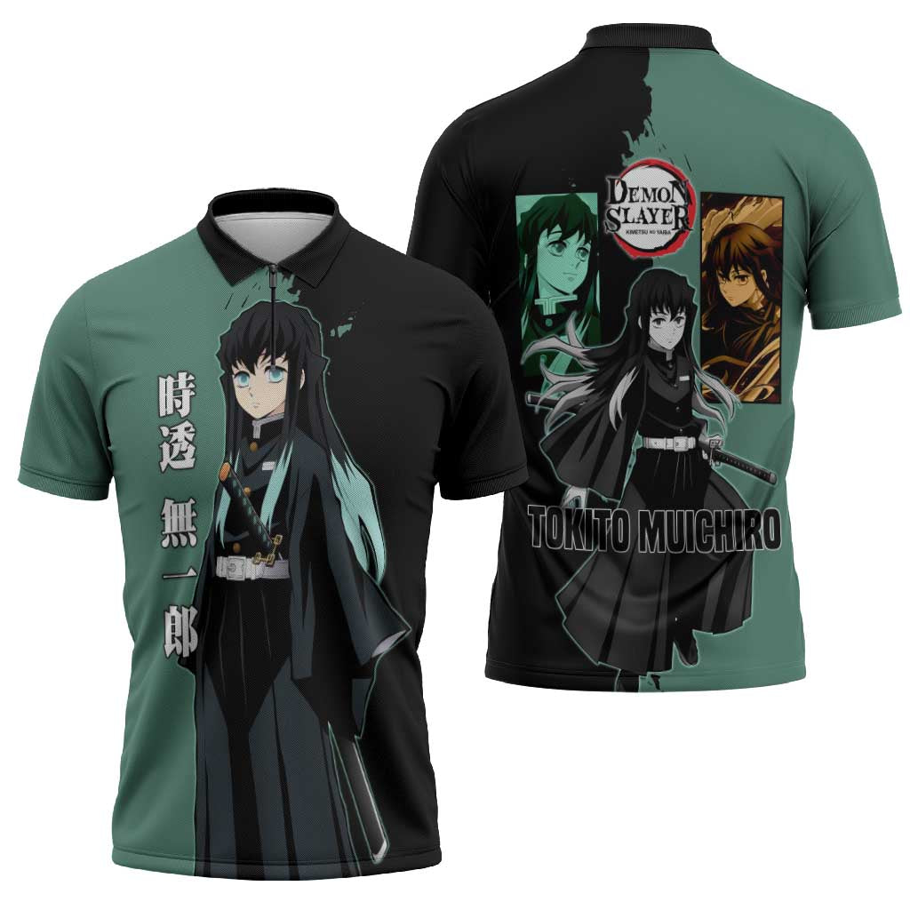 Muichiro Tokito from Demon Slayer Zipper Polo Shirt with Green and Black Mist Background and Dual Character Manga Style Design - The Mazicc