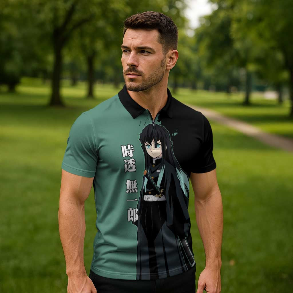 Muichiro Tokito from Demon Slayer Zipper Polo Shirt with Green and Black Mist Background and Dual Character Manga Style Design - The Mazicc