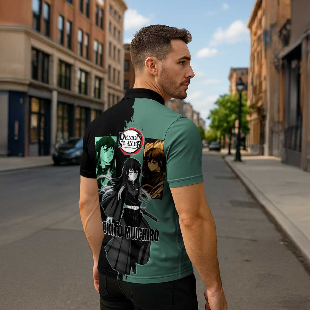 Muichiro Tokito from Demon Slayer Zipper Polo Shirt with Green and Black Mist Background and Dual Character Manga Style Design - The Mazicc