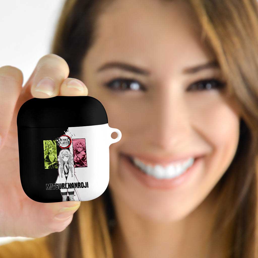 Mitsuri Kanroji from Demon Slayer AirPods Case with Black and White Split Background and Energetic Sword Pose Manga Style Design - The Mazicc