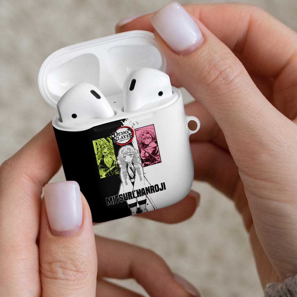 Mitsuri Kanroji from Demon Slayer AirPods Case with Black and White Split Background and Energetic Sword Pose Manga Style Design - The Mazicc