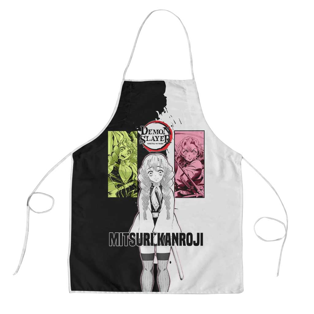 Mitsuri Kanroji from Demon Slayer Apron with Black and White Split Background and Energetic Sword Pose Manga Style Design - The Mazicc