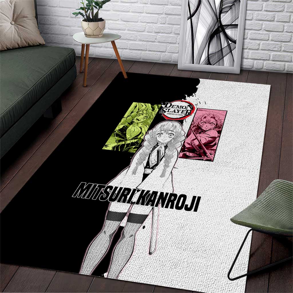 Mitsuri Kanroji from Demon Slayer Area Rug with Black and White Split Background and Energetic Sword Pose Manga Style Design - The Mazicc