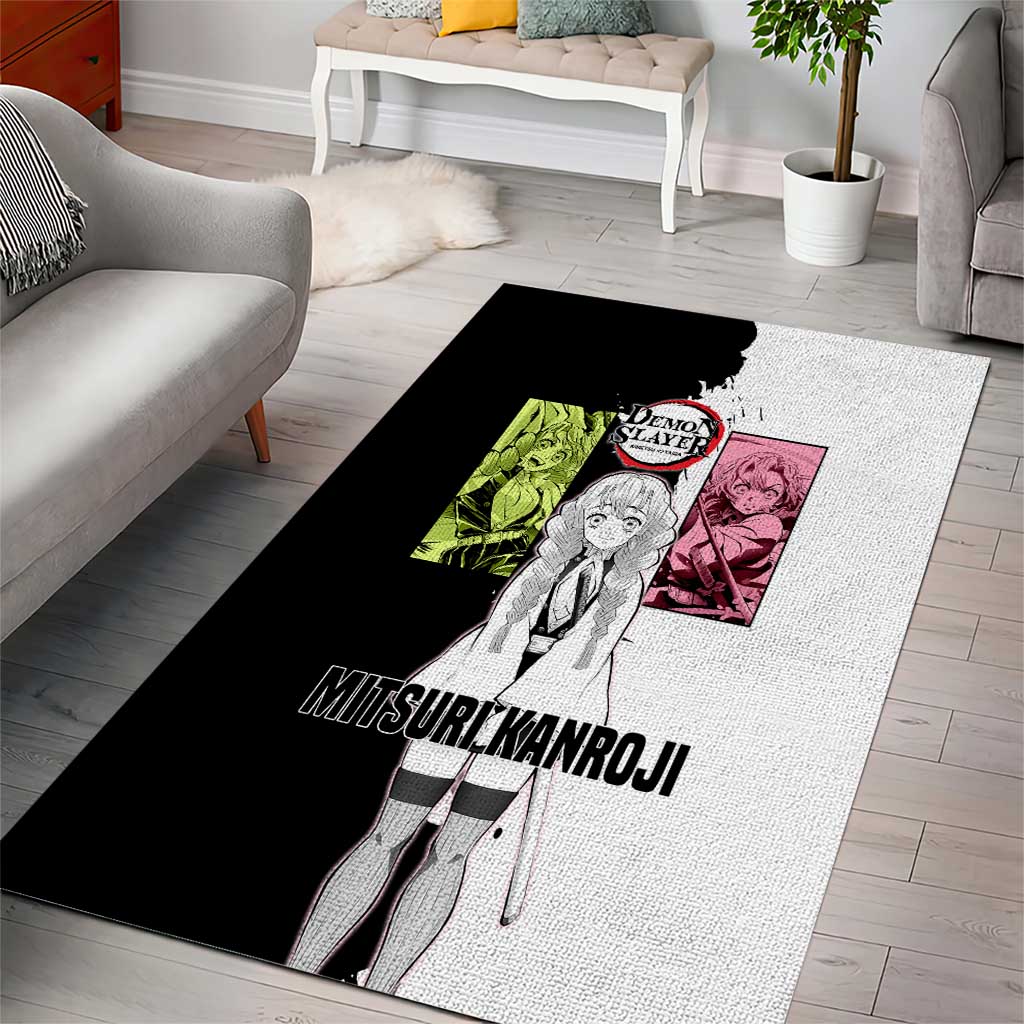 Mitsuri Kanroji from Demon Slayer Area Rug with Black and White Split Background and Energetic Sword Pose Manga Style Design - The Mazicc