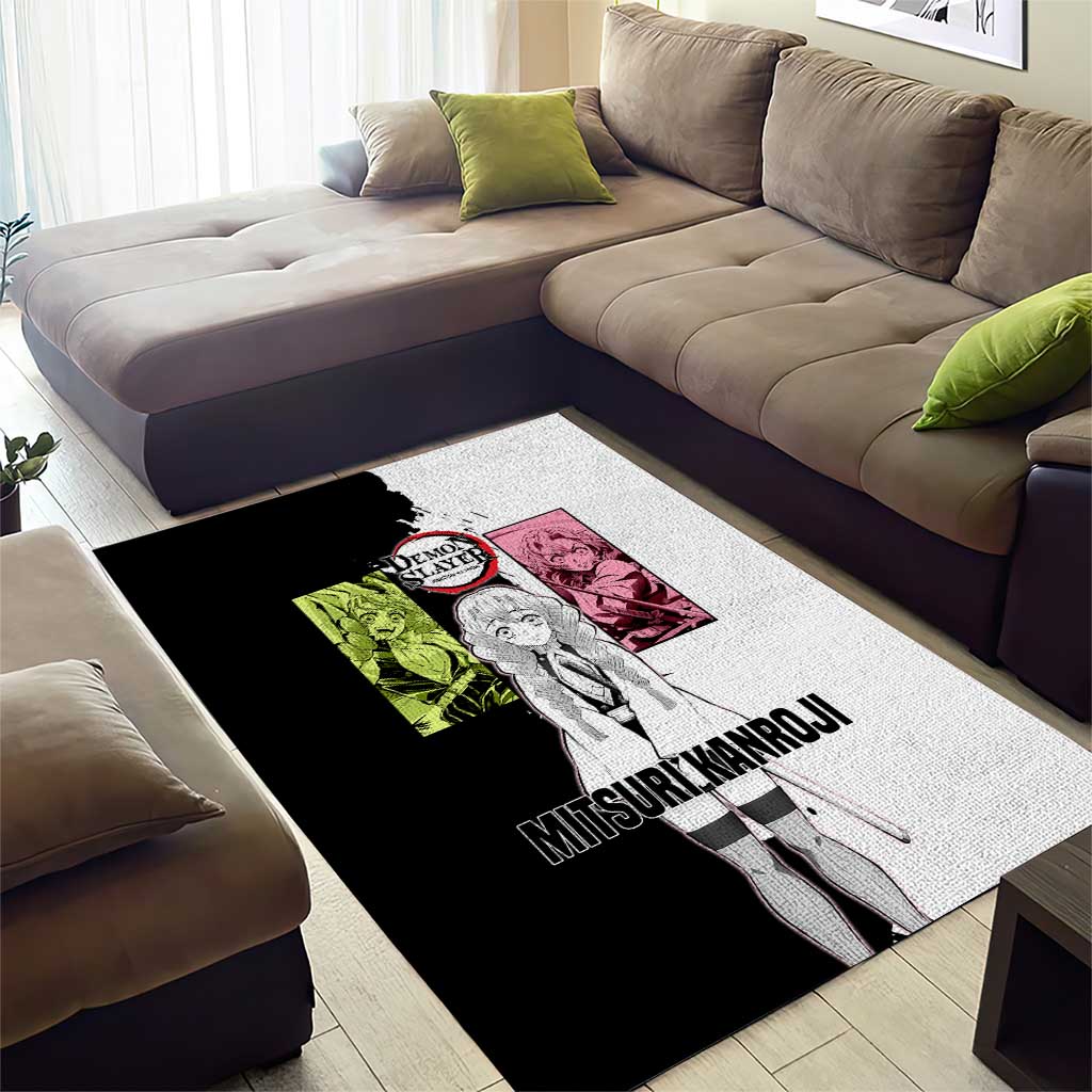 Mitsuri Kanroji from Demon Slayer Area Rug with Black and White Split Background and Energetic Sword Pose Manga Style Design - The Mazicc