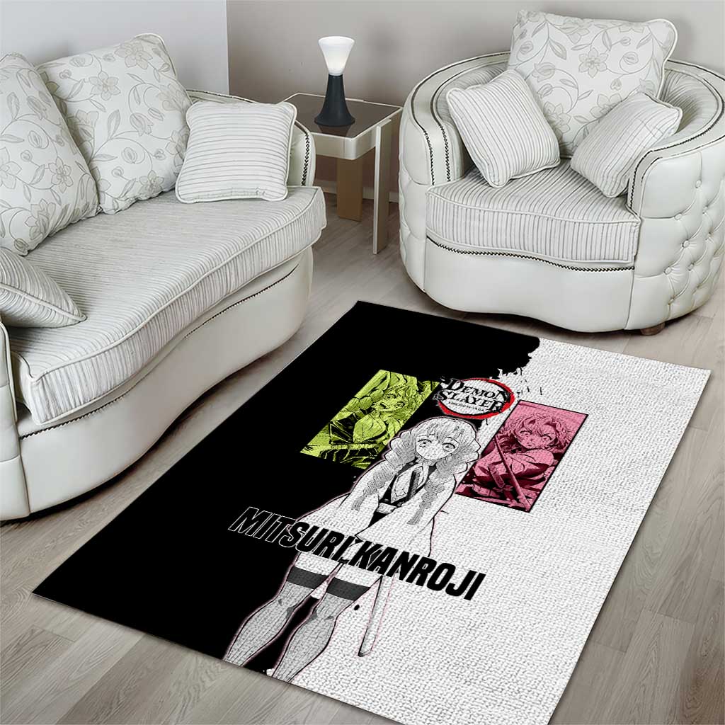 Mitsuri Kanroji from Demon Slayer Area Rug with Black and White Split Background and Energetic Sword Pose Manga Style Design - The Mazicc