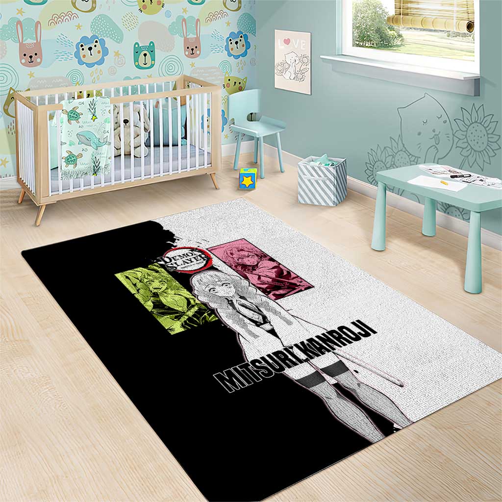 Mitsuri Kanroji from Demon Slayer Area Rug with Black and White Split Background and Energetic Sword Pose Manga Style Design - The Mazicc