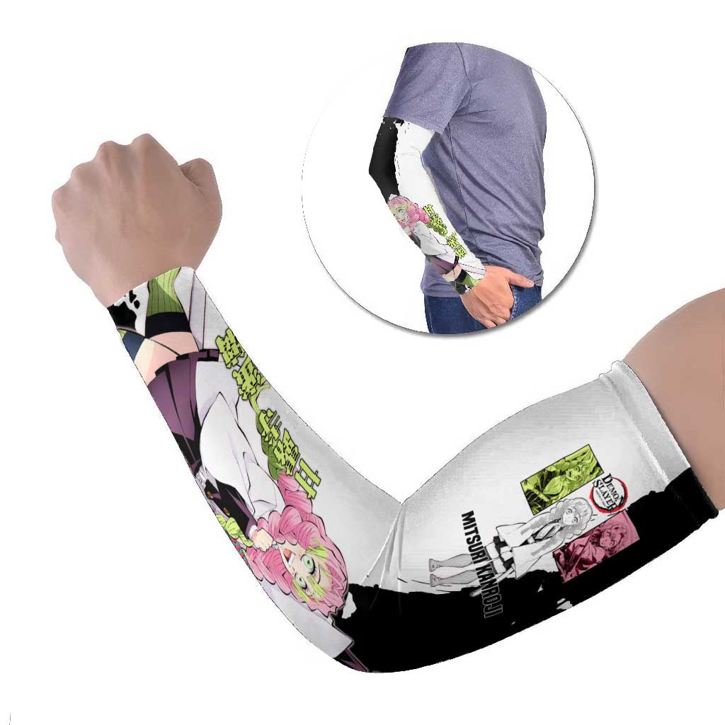 Mitsuri Kanroji from Demon Slayer Arm Sleeves with Black and White Split Background and Energetic Sword Pose Manga Style Design - The Mazicc