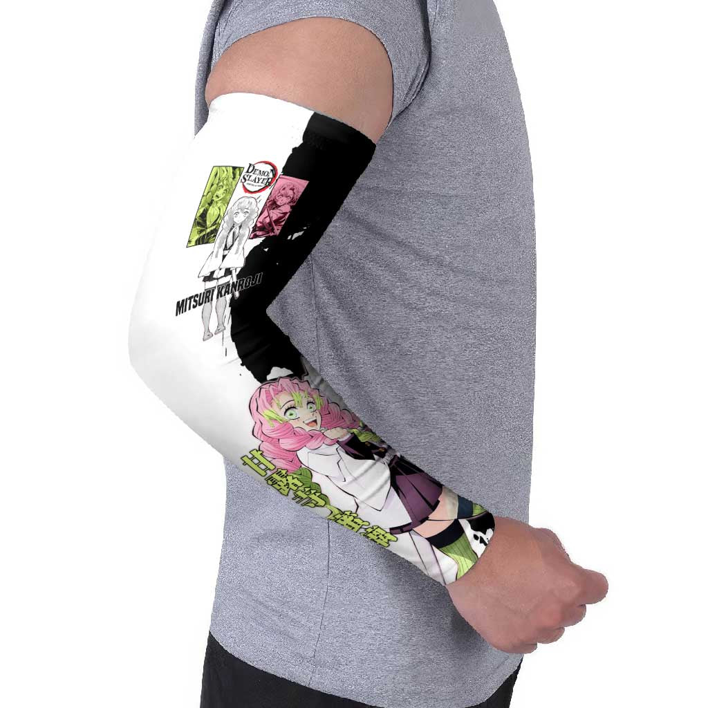 Mitsuri Kanroji from Demon Slayer Arm Sleeves with Black and White Split Background and Energetic Sword Pose Manga Style Design - The Mazicc