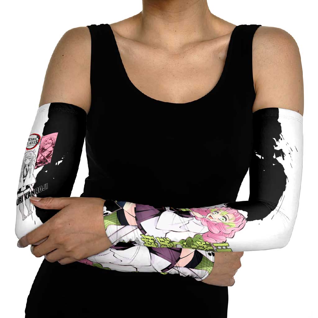 Mitsuri Kanroji from Demon Slayer Arm Sleeves with Black and White Split Background and Energetic Sword Pose Manga Style Design - The Mazicc