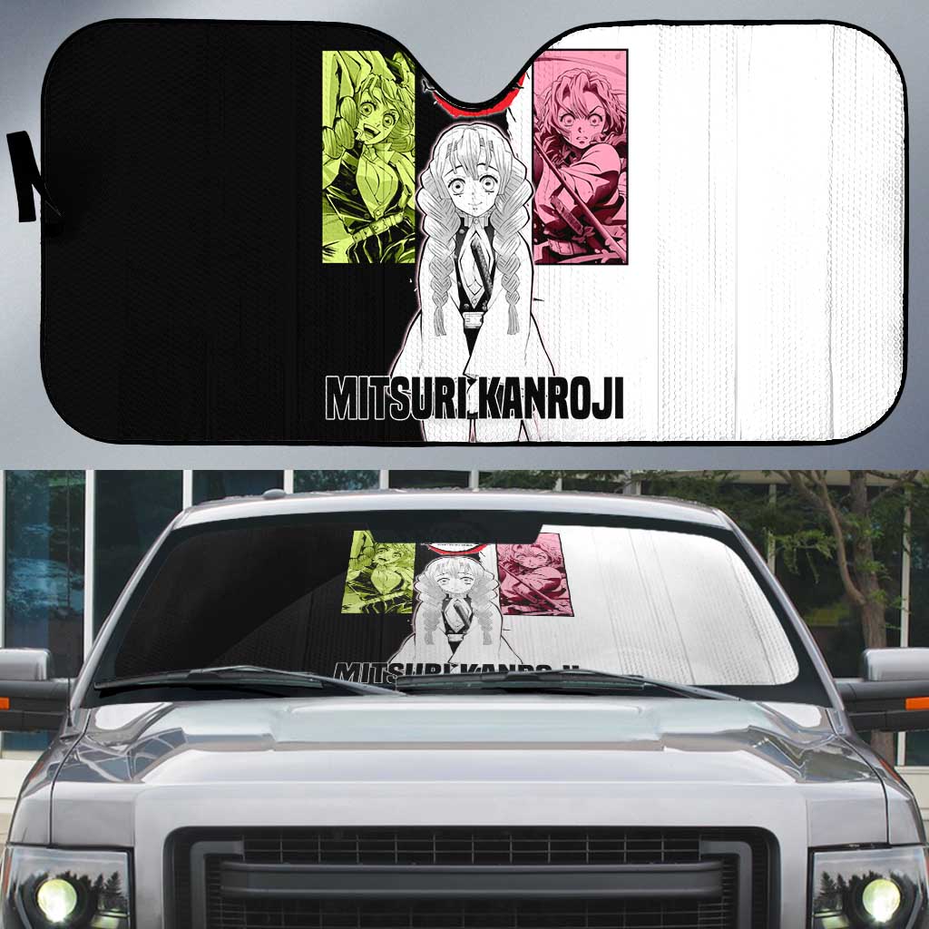 Mitsuri Kanroji from Demon Slayer Auto Sun Shade with Black and White Split Background and Energetic Sword Pose Manga Style Design - The Mazicc