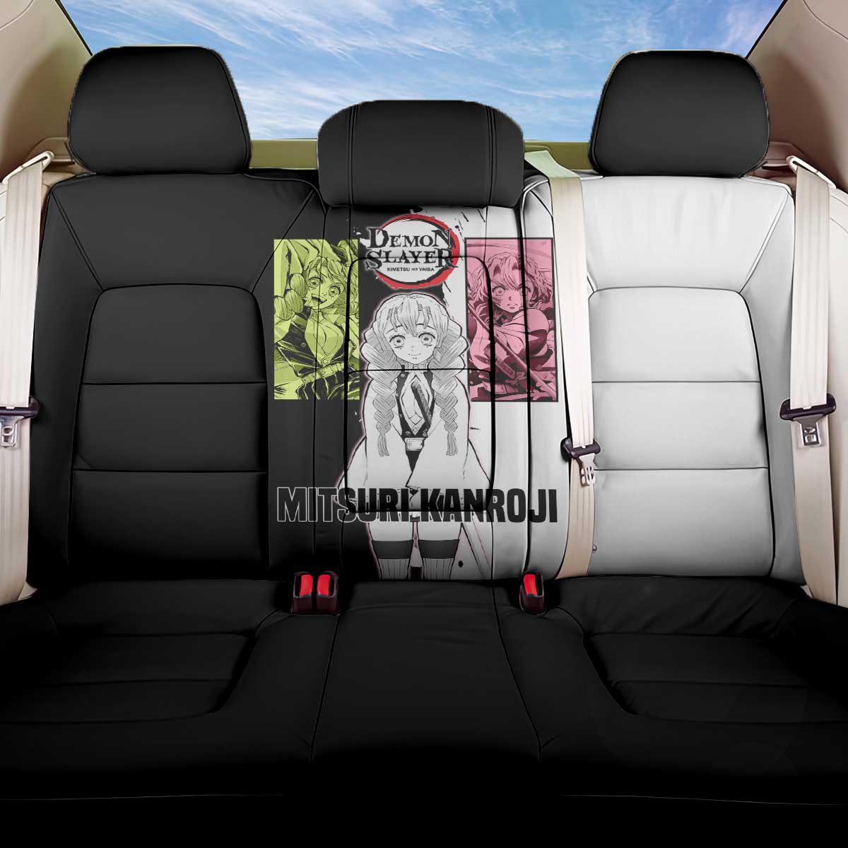 Mitsuri Kanroji from Demon Slayer Back Car Seat Cover with Black and White Split Background and Energetic Sword Pose Manga Style Design - The Mazicc