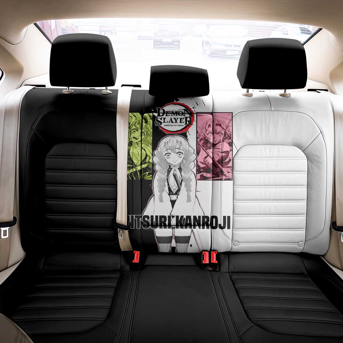 Mitsuri Kanroji from Demon Slayer Back Car Seat Cover with Black and White Split Background and Energetic Sword Pose Manga Style Design - The Mazicc