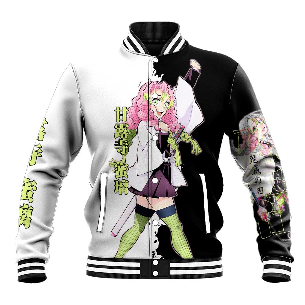 Mitsuri Kanroji from Demon Slayer Baseball Jacket with Black and White Split Background and Energetic Sword Pose Manga Style Design - The Mazicc