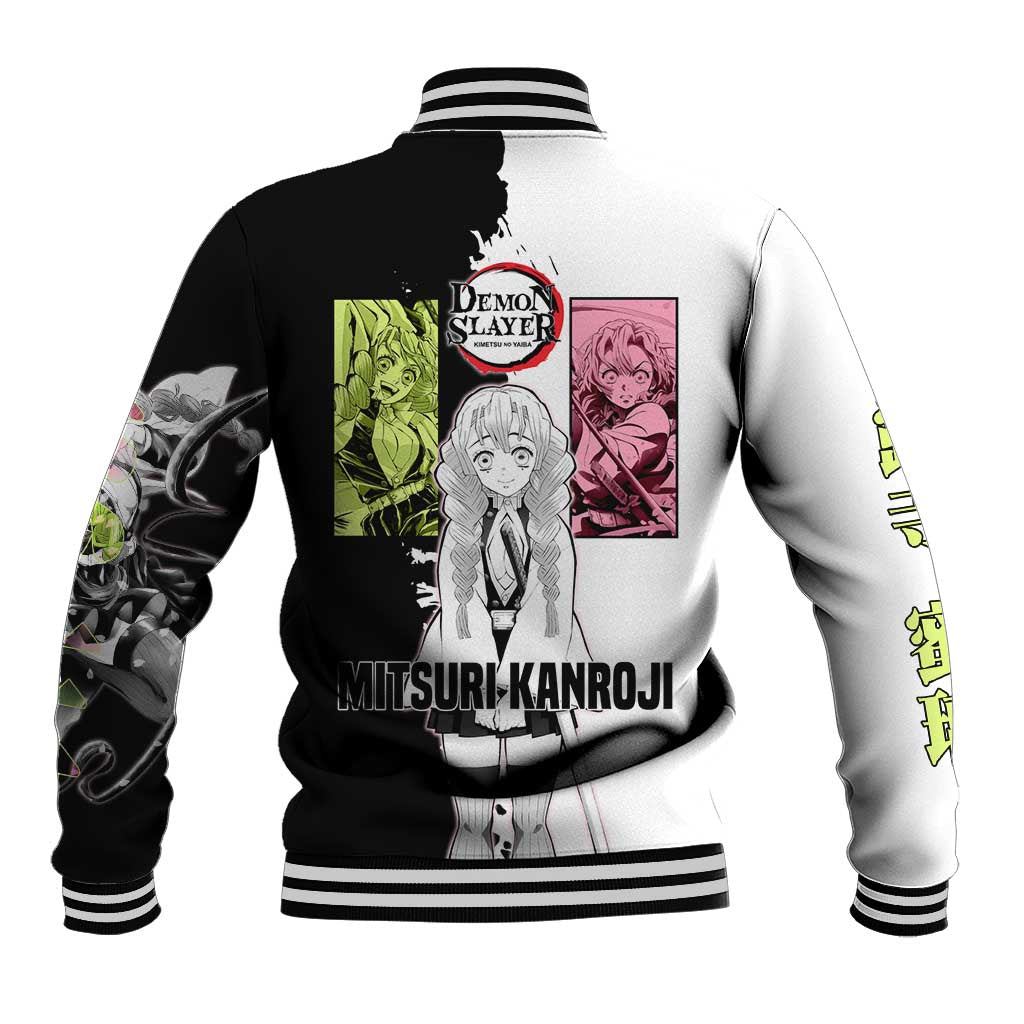 Mitsuri Kanroji from Demon Slayer Baseball Jacket with Black and White Split Background and Energetic Sword Pose Manga Style Design - The Mazicc