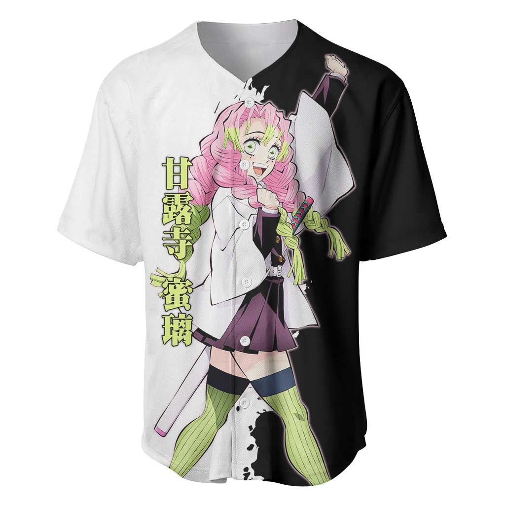 Mitsuri Kanroji from Demon Slayer Baseball Jersey with Black and White Split Background and Energetic Sword Pose Manga Style Design - The Mazicc