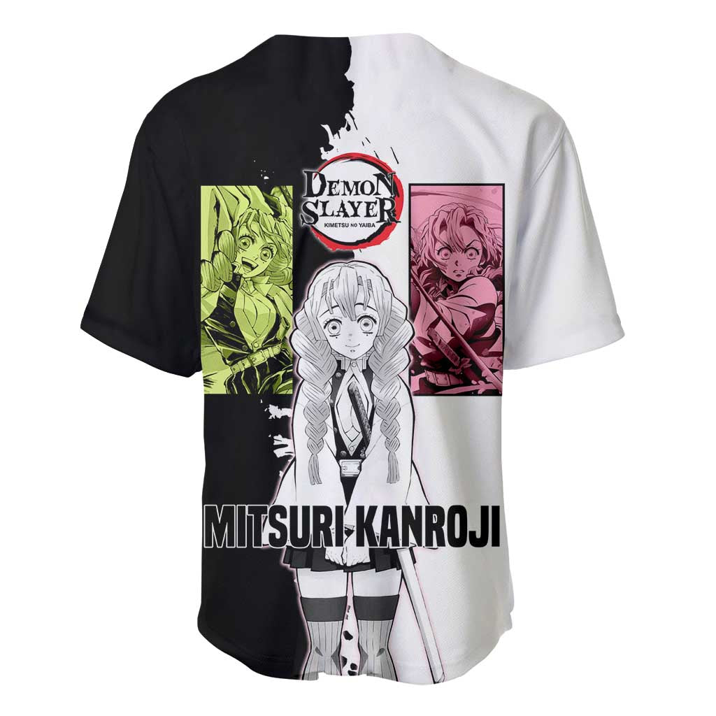 Mitsuri Kanroji from Demon Slayer Baseball Jersey with Black and White Split Background and Energetic Sword Pose Manga Style Design - The Mazicc