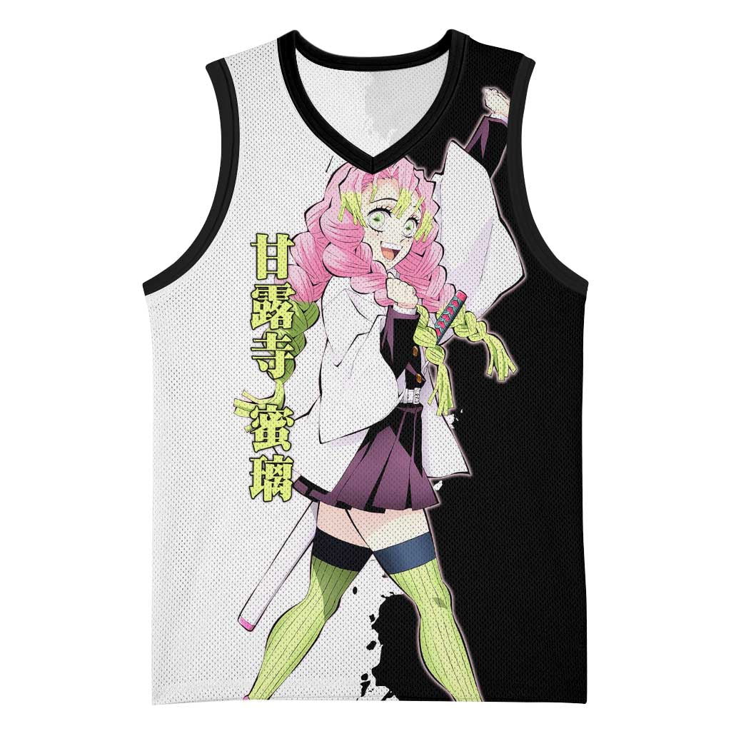 Mitsuri Kanroji from Demon Slayer Basketball Jersey with Black and White Split Background and Energetic Sword Pose Manga Style Design - The Mazicc