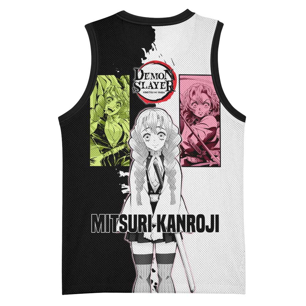 Mitsuri Kanroji from Demon Slayer Basketball Jersey with Black and White Split Background and Energetic Sword Pose Manga Style Design - The Mazicc
