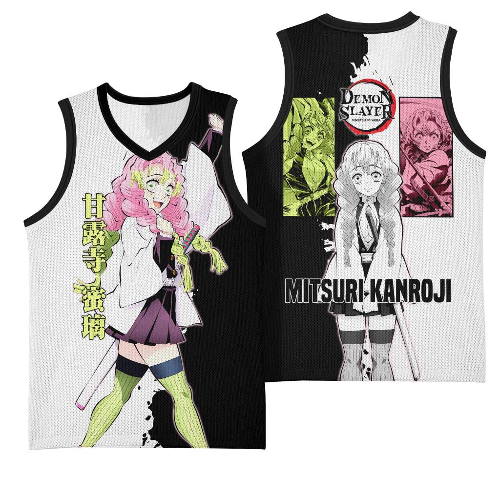 Mitsuri Kanroji from Demon Slayer Basketball Jersey with Black and White Split Background and Energetic Sword Pose Manga Style Design - The Mazicc
