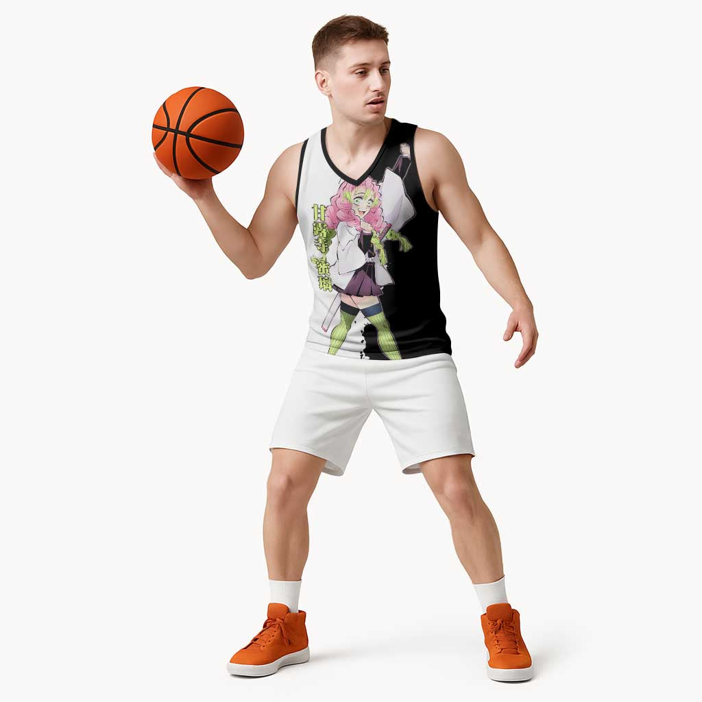 Mitsuri Kanroji from Demon Slayer Basketball Jersey with Black and White Split Background and Energetic Sword Pose Manga Style Design - The Mazicc