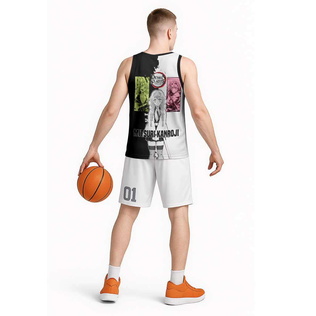 Mitsuri Kanroji from Demon Slayer Basketball Jersey with Black and White Split Background and Energetic Sword Pose Manga Style Design - The Mazicc