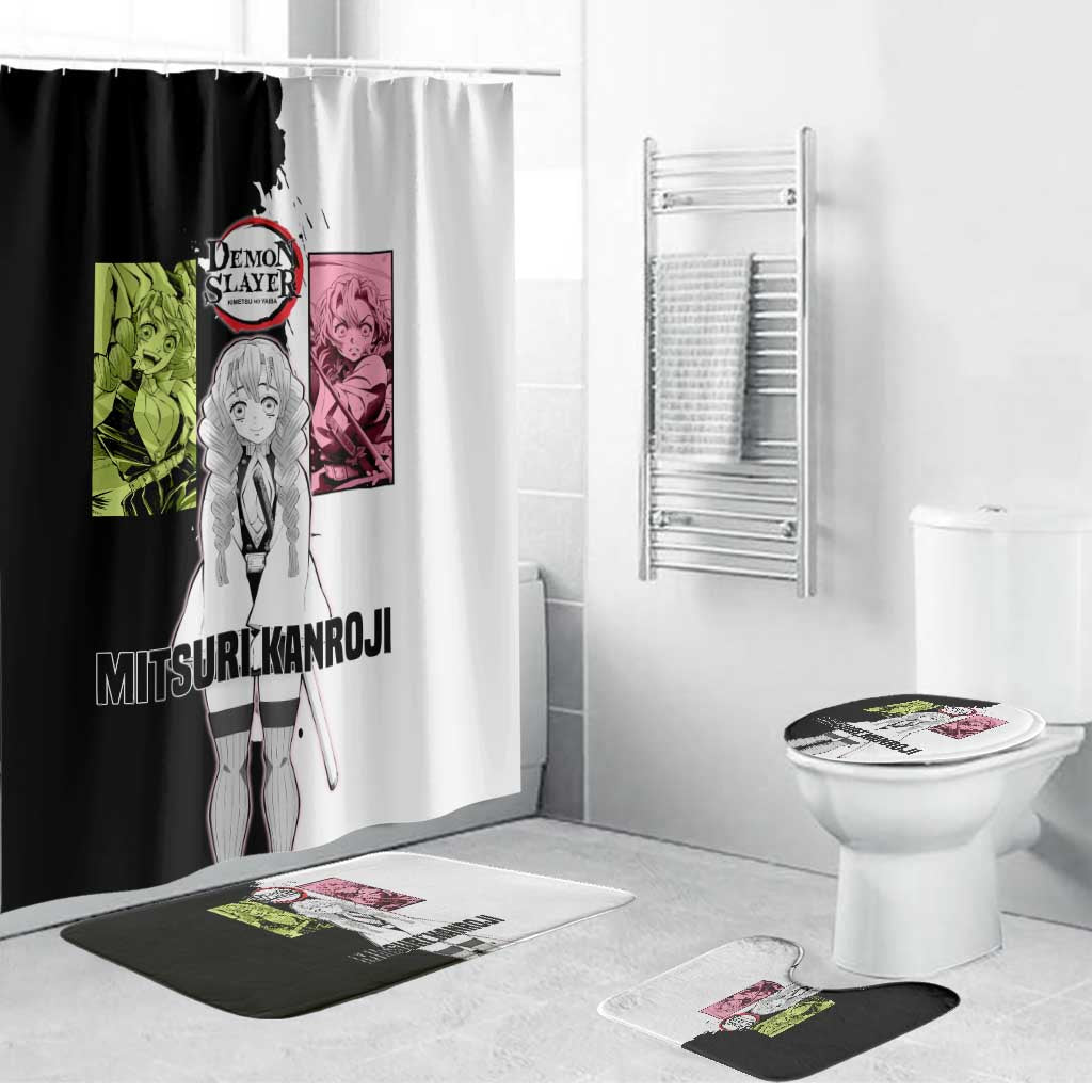 Mitsuri Kanroji from Demon Slayer Bathroom Set with Black and White Split Background and Energetic Sword Pose Manga Style Design - The Mazicc