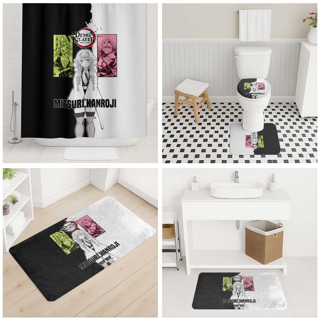 Mitsuri Kanroji from Demon Slayer Bathroom Set with Black and White Split Background and Energetic Sword Pose Manga Style Design - The Mazicc