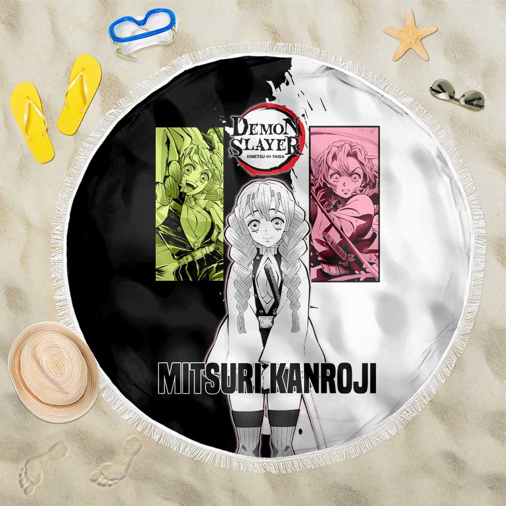 Mitsuri Kanroji from Demon Slayer Beach Blanket with Black and White Split Background and Energetic Sword Pose Manga Style Design - The Mazicc