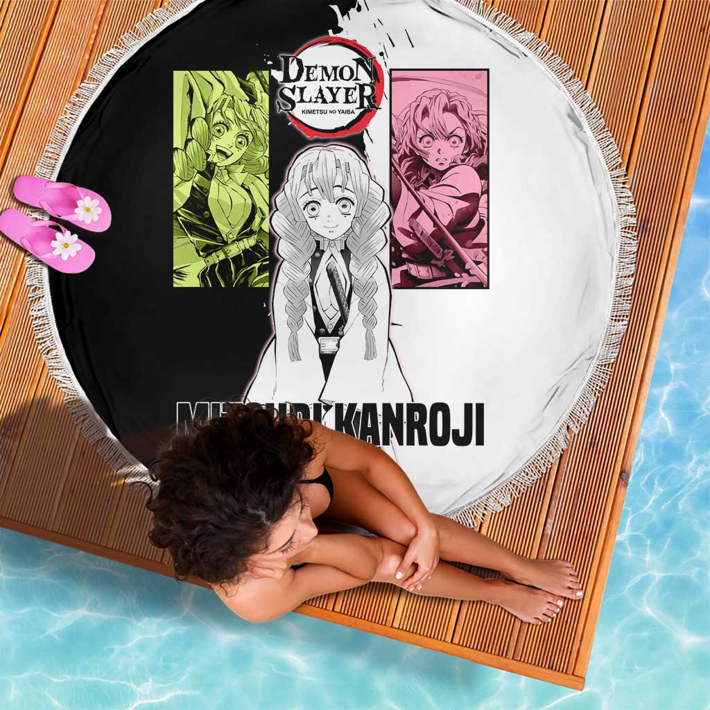 Mitsuri Kanroji from Demon Slayer Beach Blanket with Black and White Split Background and Energetic Sword Pose Manga Style Design - The Mazicc