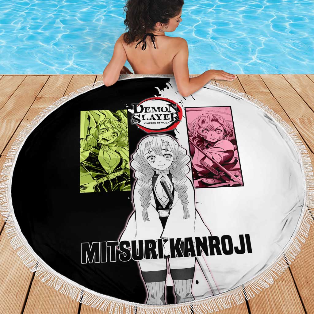 Mitsuri Kanroji from Demon Slayer Beach Blanket with Black and White Split Background and Energetic Sword Pose Manga Style Design - The Mazicc
