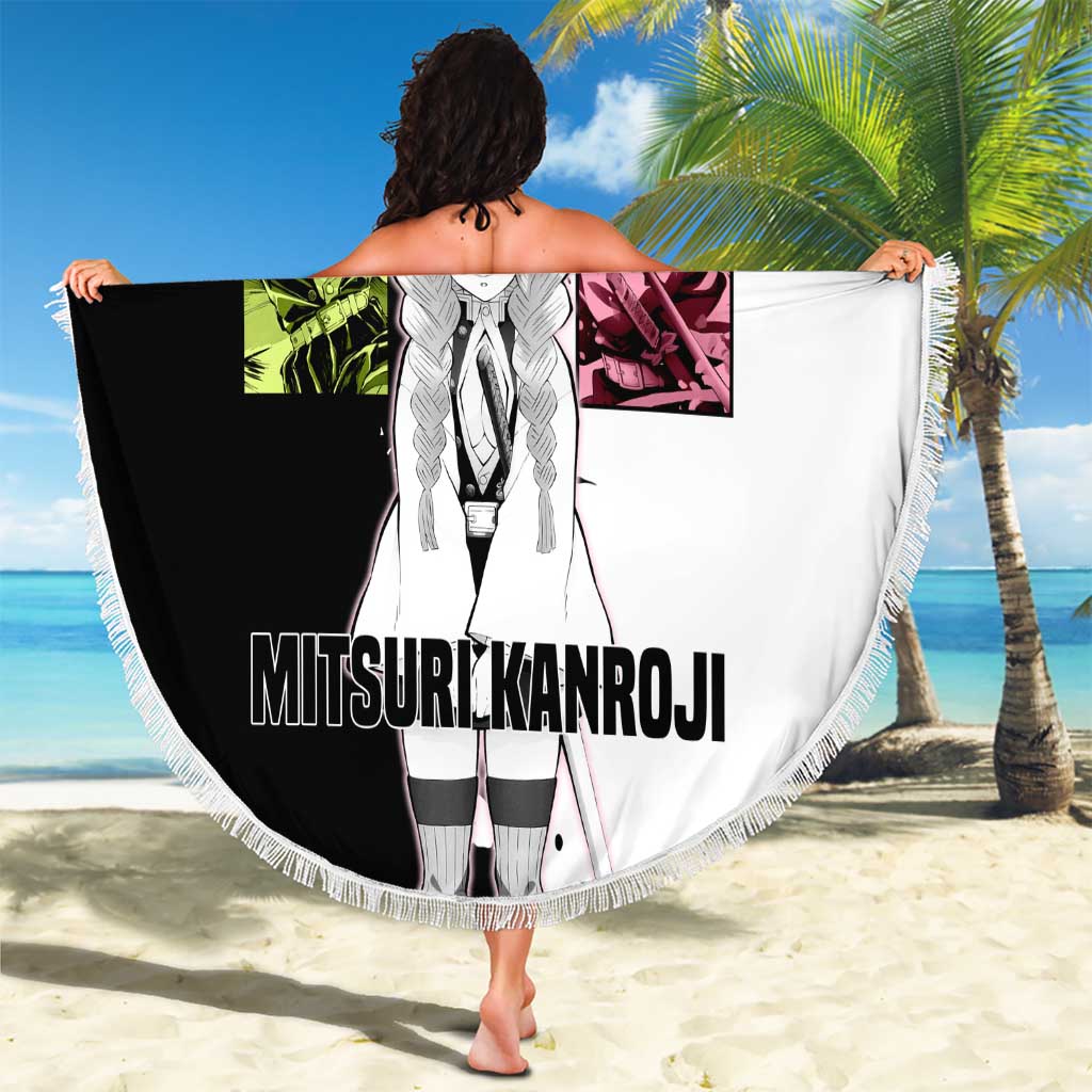 Mitsuri Kanroji from Demon Slayer Beach Blanket with Black and White Split Background and Energetic Sword Pose Manga Style Design - The Mazicc