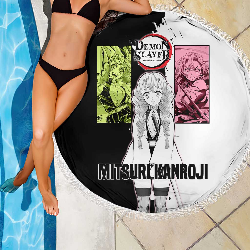 Mitsuri Kanroji from Demon Slayer Beach Blanket with Black and White Split Background and Energetic Sword Pose Manga Style Design - The Mazicc