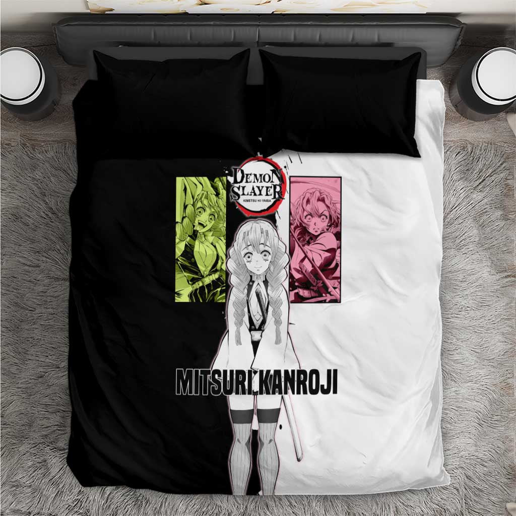 Mitsuri Kanroji from Demon Slayer Bedding Set with Black and White Split Background and Energetic Sword Pose Manga Style Design - The Mazicc