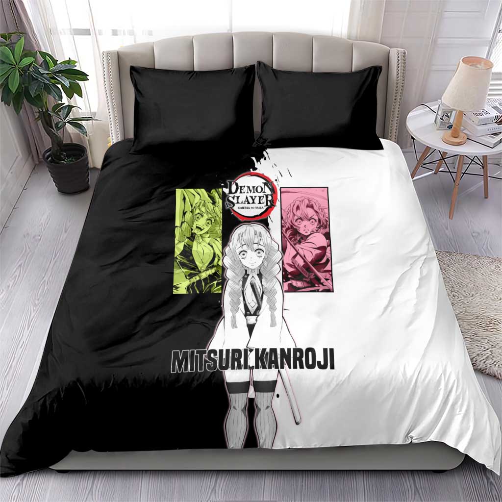 Mitsuri Kanroji from Demon Slayer Bedding Set with Black and White Split Background and Energetic Sword Pose Manga Style Design - The Mazicc