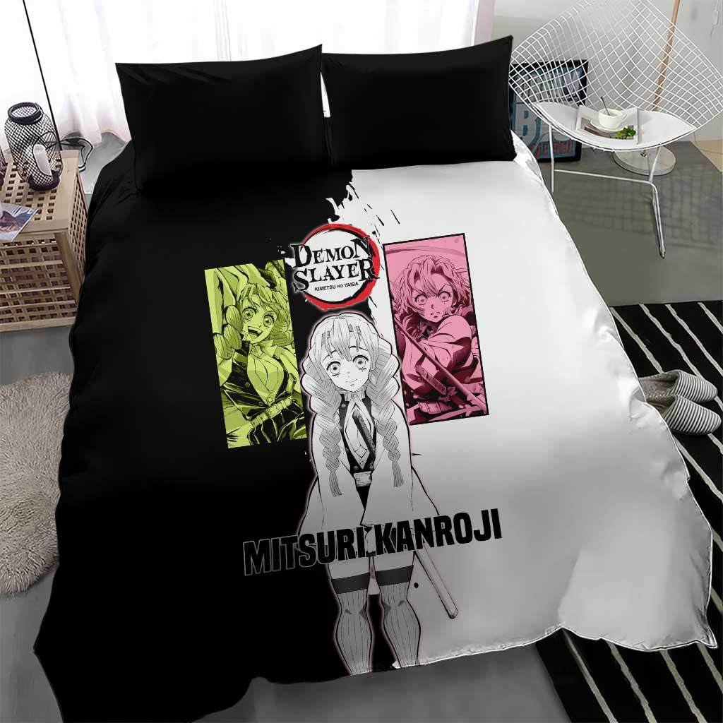 Mitsuri Kanroji from Demon Slayer Bedding Set with Black and White Split Background and Energetic Sword Pose Manga Style Design - The Mazicc