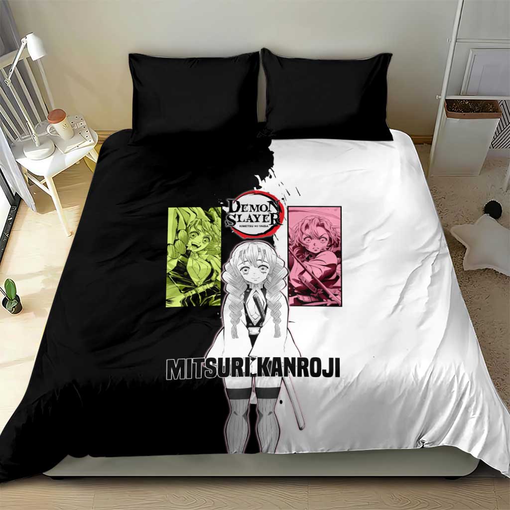 Mitsuri Kanroji from Demon Slayer Bedding Set with Black and White Split Background and Energetic Sword Pose Manga Style Design - The Mazicc