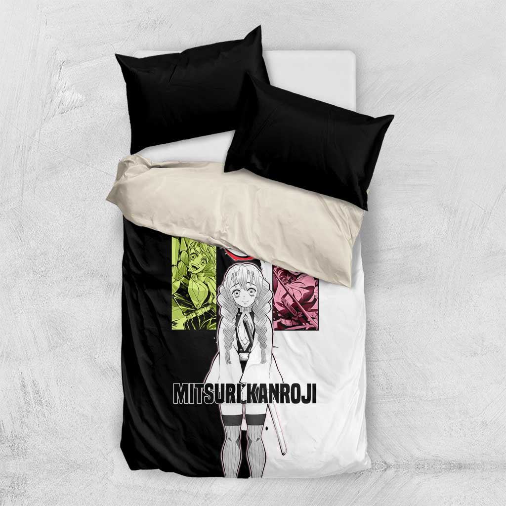 Mitsuri Kanroji from Demon Slayer Bedding Set with Black and White Split Background and Energetic Sword Pose Manga Style Design - The Mazicc