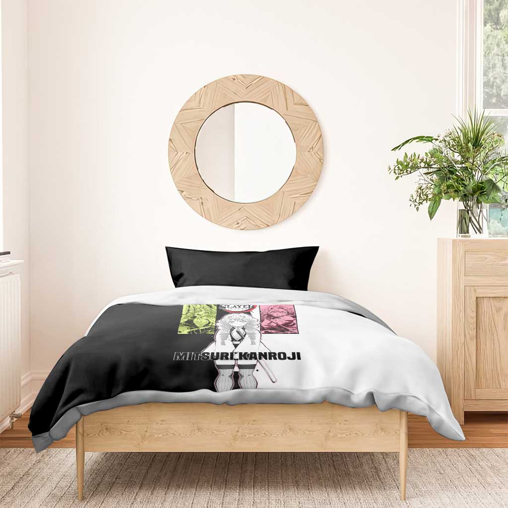 Mitsuri Kanroji from Demon Slayer Bedding Set with Black and White Split Background and Energetic Sword Pose Manga Style Design - The Mazicc