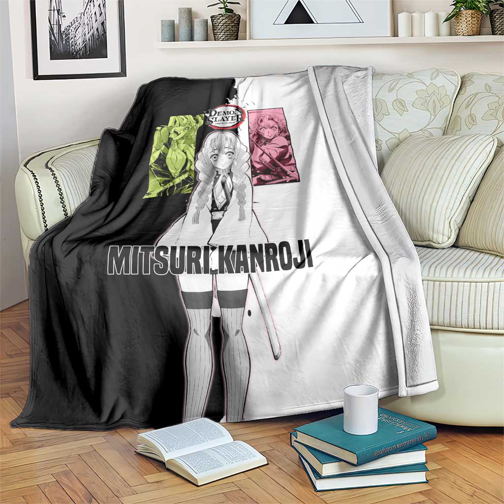 Mitsuri Kanroji from Demon Slayer Blanket with Black and White Split Background and Energetic Sword Pose Manga Style Design - The Mazicc