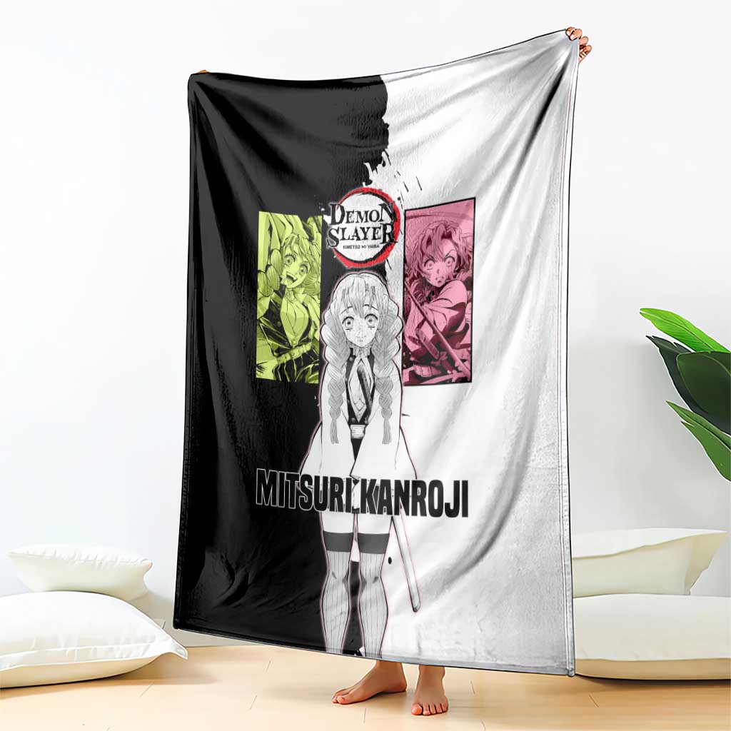 Mitsuri Kanroji from Demon Slayer Blanket with Black and White Split Background and Energetic Sword Pose Manga Style Design - The Mazicc