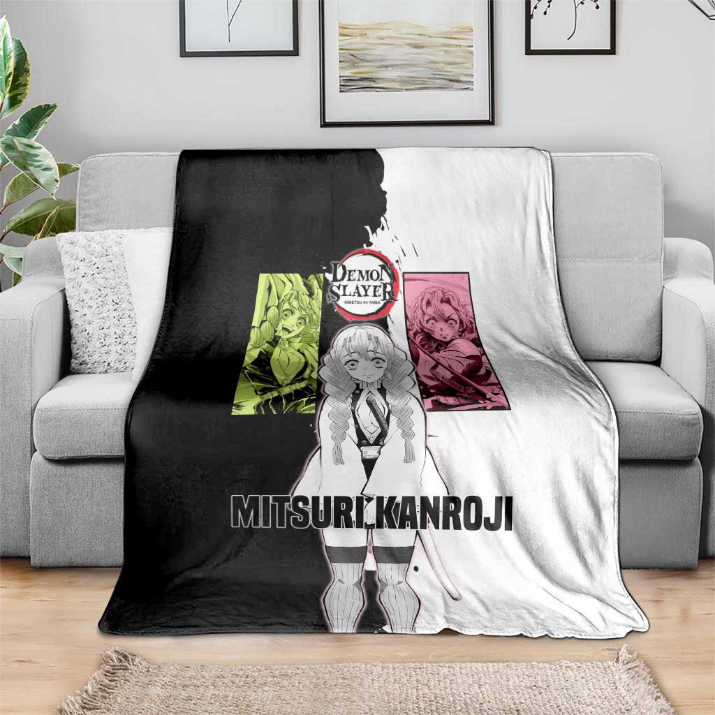 Mitsuri Kanroji from Demon Slayer Blanket with Black and White Split Background and Energetic Sword Pose Manga Style Design - The Mazicc